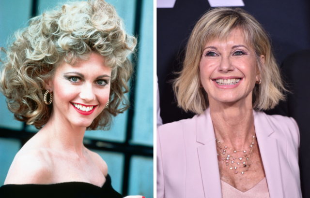 Side by side images of Olivia Newton-John in 1978 and 2018