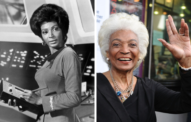 Side by side images of Nichelle Nichols in 1967 and 2018