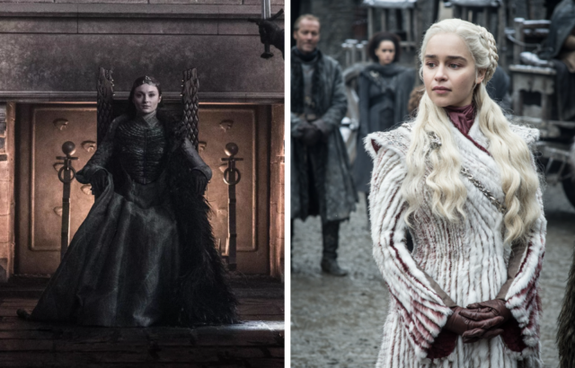 Side by side images of Sophie Turner as Sansa Stark sitting in a throne, and Emilia Clarke as Daenerys Targaryen wearing an all white fur jacket.