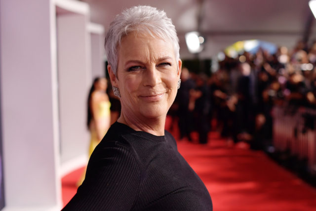 Headshot of Jamie Lee Curtis from the side
