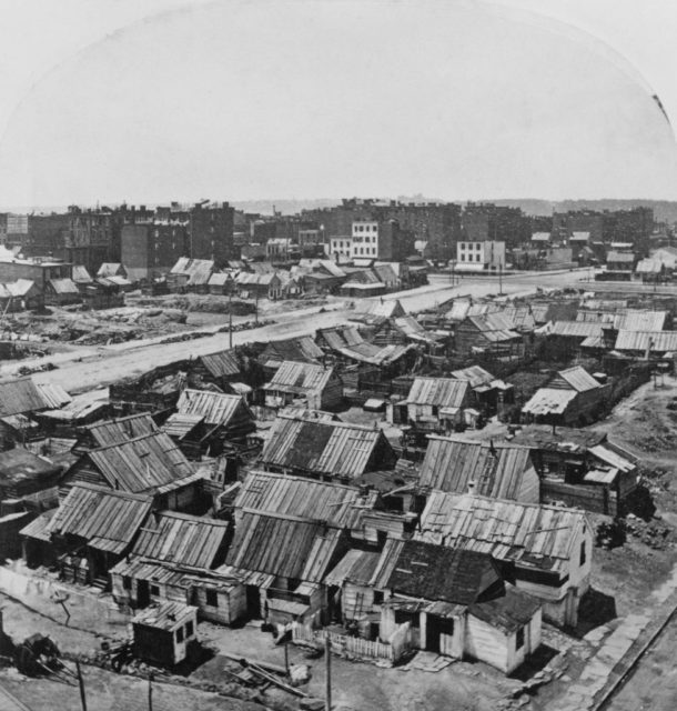 Shacks and run down buildings in one of New York's tenement slums