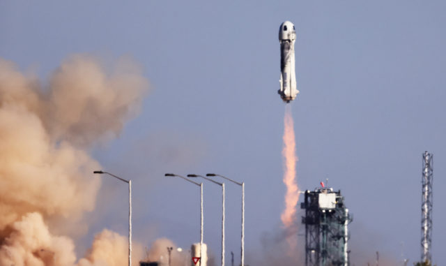 A rocket blasting off into space