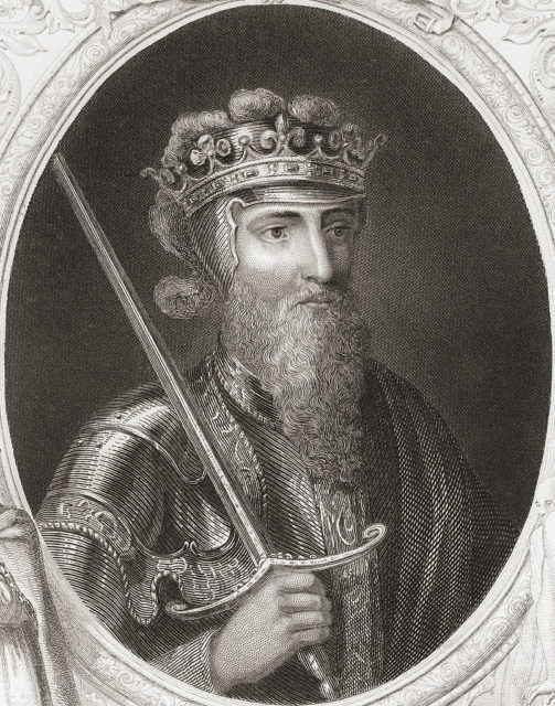 Line drawing of Edward III of England with a sword resting on his shoulder, a crown on his head, and a long beard. 