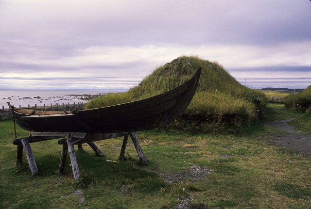 Sod houses and a replica Viking boat at L'Anse Aux Meadows