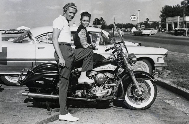 Jerry Lee Lewis and his young wife Myra on a motorcycle