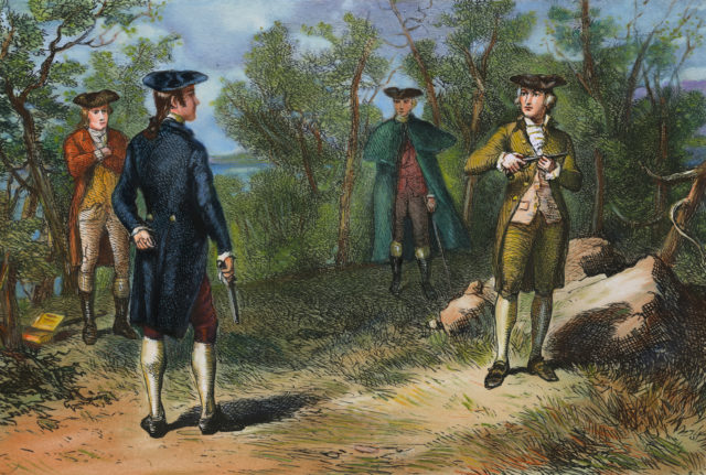 Illustration of four men, two about to have a shootout