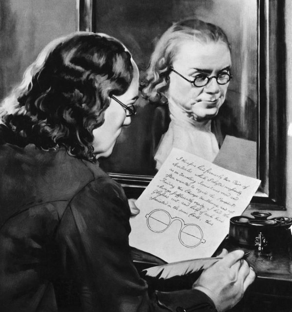 Painting of Ben Franklin reading a paper