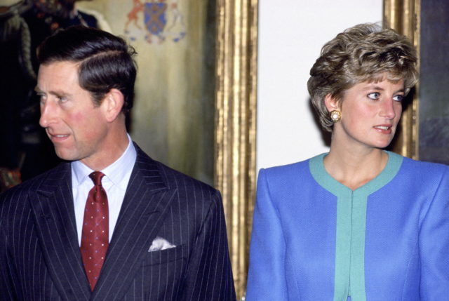 Prince Charles and Princess Diana looking in opposite directions, a painting behind them