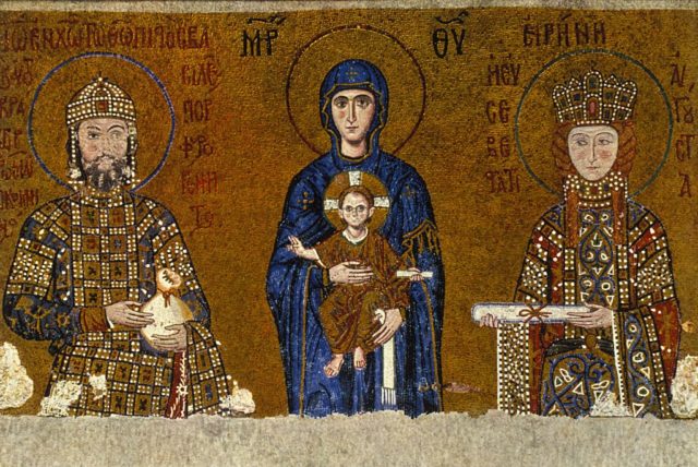 Mosaic depicting Mary in a blue robe holding a child Jesus, with the Emperor of Byzantium and the Empress of Byzantium with detailed, jeweled clothing.