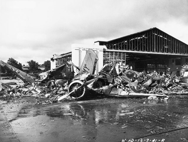 A heap of wrecked planes left over from the attack on Pearl Harbor