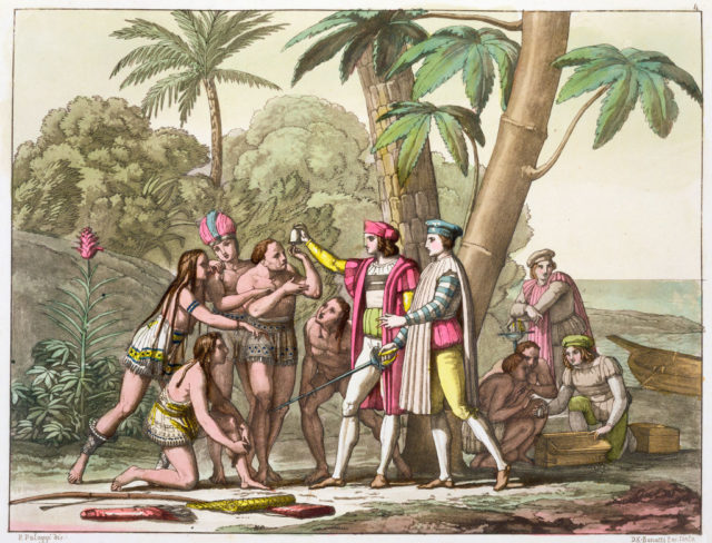Lithograph of Christopher Columbus with Indigenous people