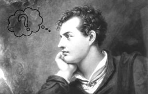 Portrait of Lord Byron with a question mark over his head