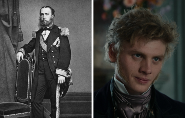 Side-by-side photos of Maximilian I of Mexico standing for a military portrait, and Johannes Nussbaum as Maximilian in a suit and tie.