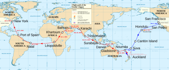 Map of the world charting the Pacific Clipper's flight path