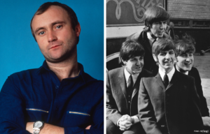 Side by side photos of Phil Collins with his arms crossed in a blue shirt, and the four Beatles wearing suits smiling at the camera.