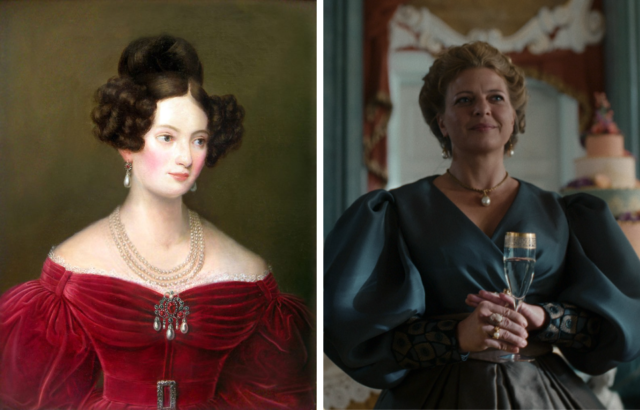 Side-by-side images of Princess Ludovika of Bavaria painted in a red dress with her hair pulled back, and Jördis Triebel as Ludovika in a green dress with puffed sleeves holding an elegant glass of wine. 