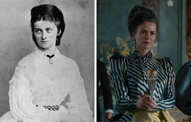 Side by side images of Princess Sophie of Bavaria wearing a white dress, and Melika Foroutan as Sophie wearing a striped dress holding an elegant wine glass.