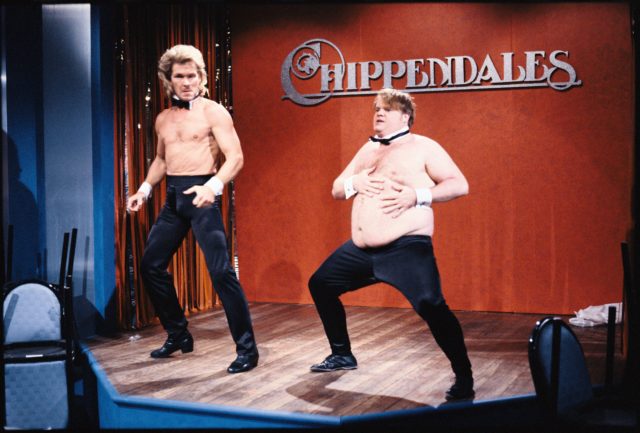Patrick Swayze and Chris Farley shirtless for an SNL sketch