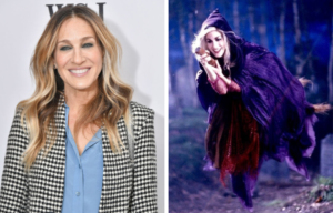 Side by side images of Sarah Jessica Parker wearing a blue shirt and checkered jacket, and as Sarah Sanderson wearing a cloak on a flying broom.