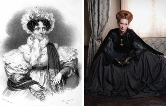 Side by side images of Sophie Esterházy in a line drawing wearing a bonnet, and Wiebke Puls as Sophie sitting down in a large black gown leaning forward and resting her arms on her knees.