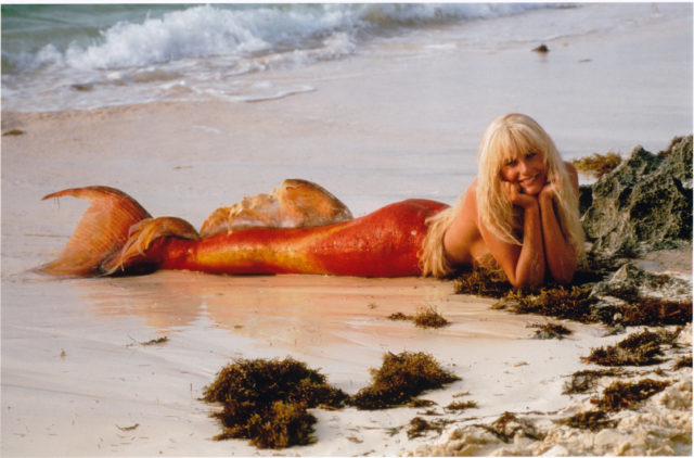 Actress Daryl Hannah in a mermaid costume on the beach