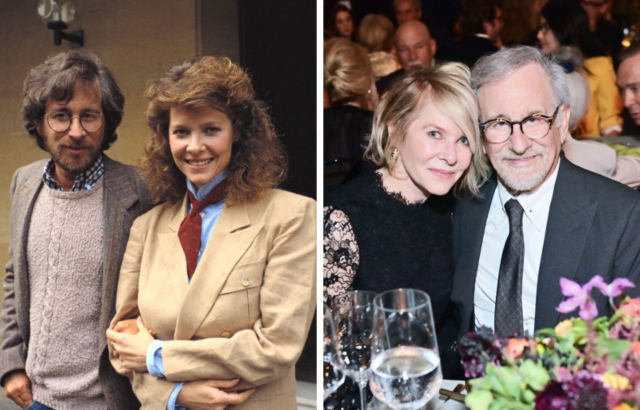 Kate Capshaw and Steven Spielberg in 1984, left, and at a gala in 2022, right