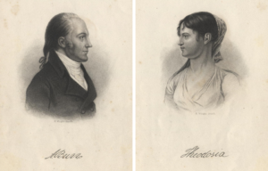 Two portraits of Aaron Burr and Theodosia Burr Alston facing each other