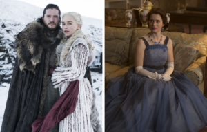 Emilia Clarke and Kit Harrington wearing fur coats looking off into the distance, beside Claire Foy sitting down wearing a ruffled blue gown.