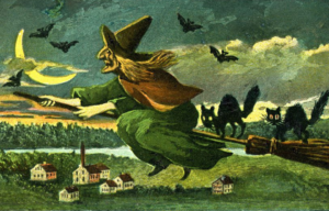 Colored drawing of a witch flying on a broomstick with two black cats, and a moon in the sky.