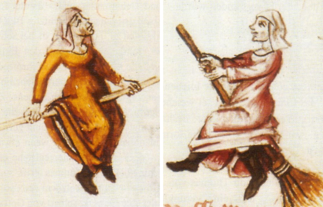 Illustration depicting the two witches on a broomstick