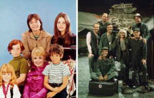 Side by side images of the Partridge family wearing colorful 1970s clothing, and the cast of M*A*S*H standing in front of a wooden sign post wearing military uniforms.