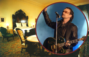 View of the Lincoln Bedroom + Bono performing on stage