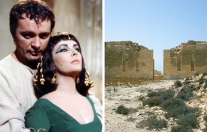 Elizabeth Taylor and Richard Burton as Cleopatra and Mark Antony, temple ruins with a walkway inbetween