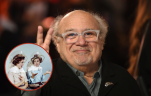 Headshot of Danny DeVito and two ladies under hairdryers at a salon