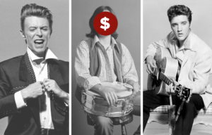 Side by side photos of David Bowie, Jeff Porcaro, and Elvis Presley
