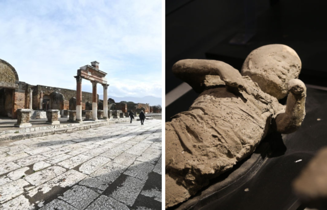 Side by side images of the city of Pompeii and the mold of a child killed during the eruption of Mount Vesuvias