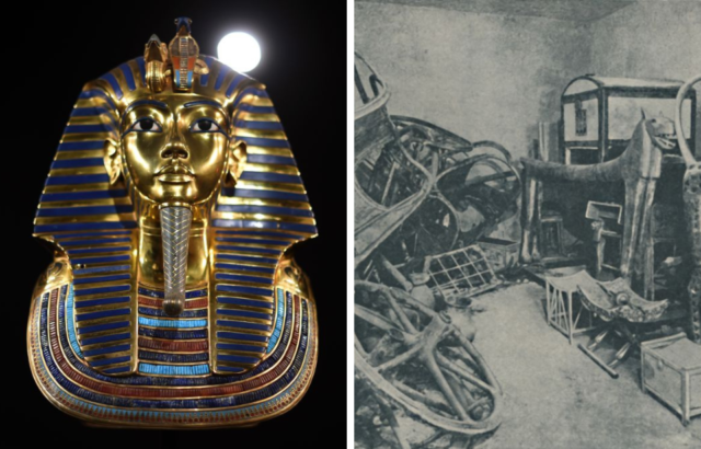 Side by side images of King Tut's mask and his newly discovered tomb