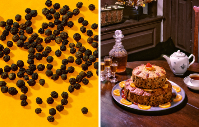 Side by side images of pepper corns and a colonial cake