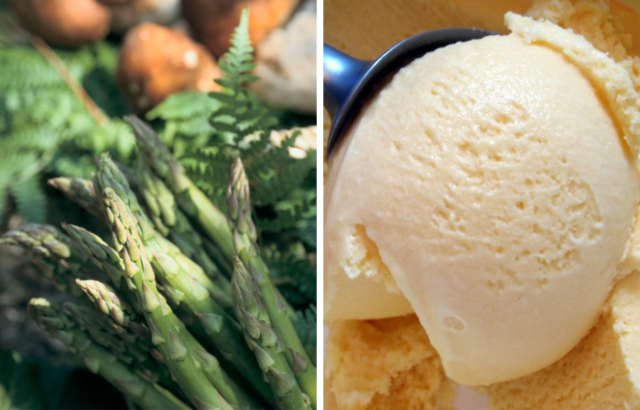 Side by side images of asparagus and ice cream