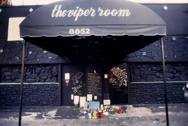 The entrance to The Viper Room with flowers after River Phoenix's death