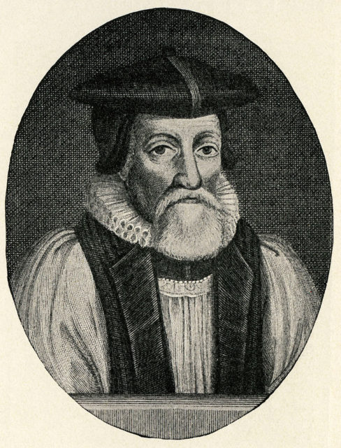 Thomas Morton wearing a robe, ruffled collar and a large black hat depicted in a line drawing.