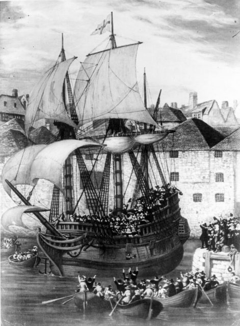 An illustration of a ship with crowds at the dock waving goodbye