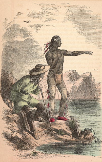 An illustration of Squanto helping a pilgrim