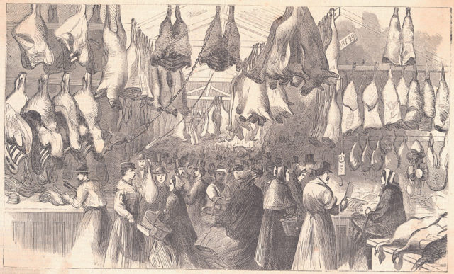 A drawing of a mutton market