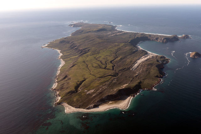 Aerial view of Santa Rosa Island surrounded by water.