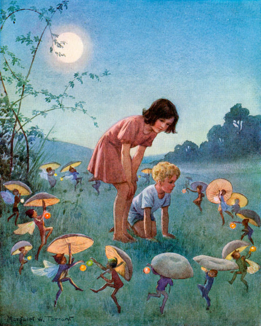 Colored artwork showing a young girl and boy hunched down looking at a group of fairies dance around them in a circle while they carry mushrooms.