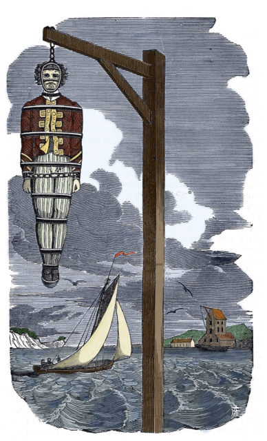Illustration of a man hanging in a gibbet over a river with a boat