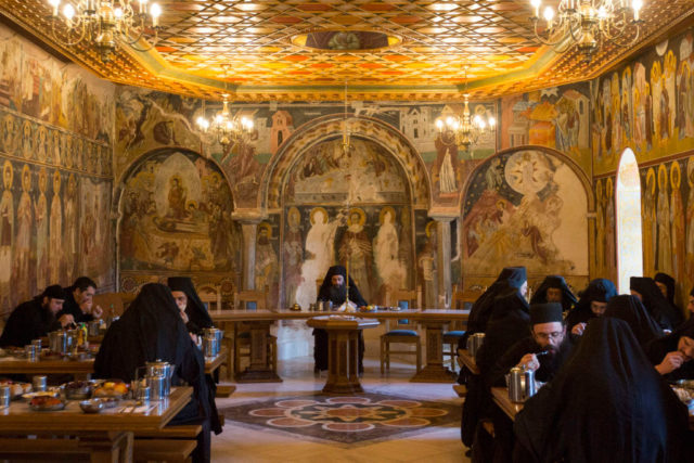 Inside the refectory at a monastery on Mount Athos