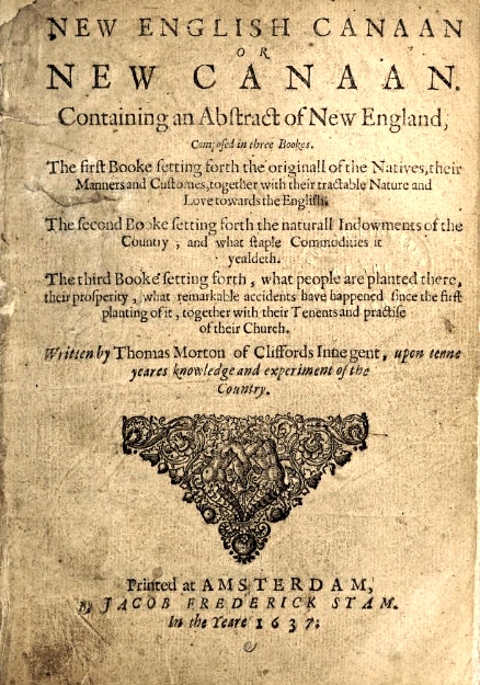 Cover of a book reading "New English Canaan or New Canaan" on browned paper.