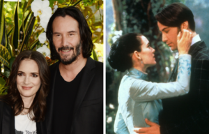 Keanu Reeves and Winona Ryder side-hugging and a scene of the two actors from "Bram Stoker's Dracula"